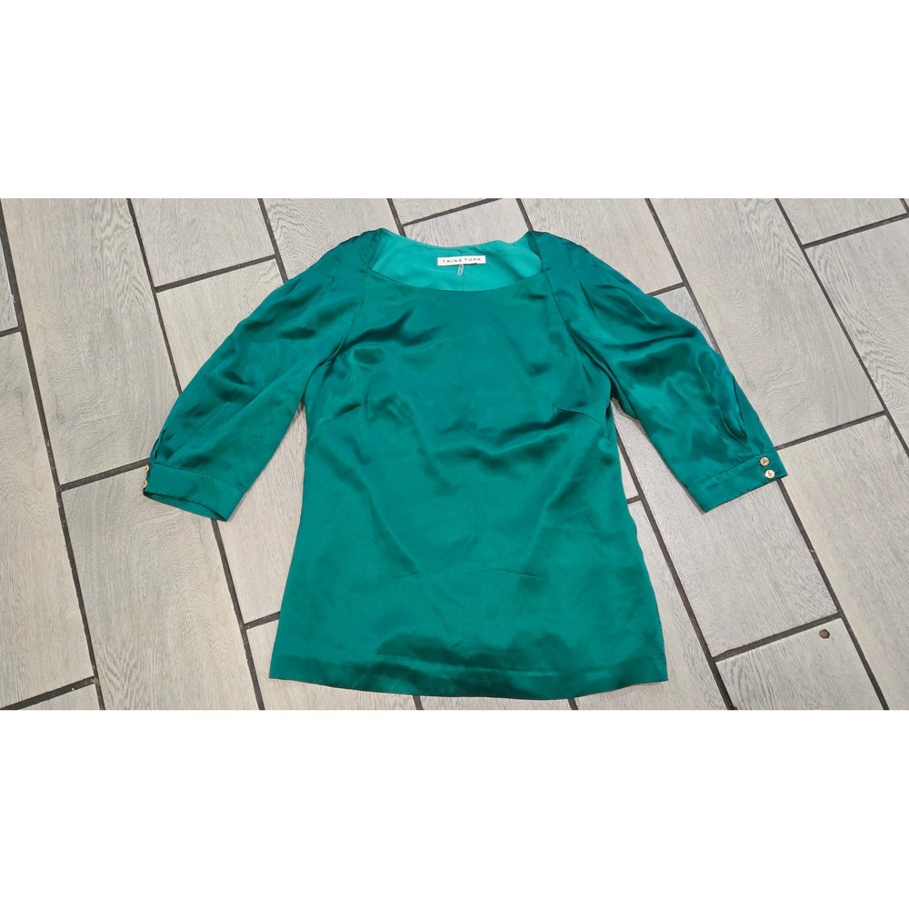 Trina Turk Emerald Green 100% Silk Square Neck Blouse 3/4 Sleeve Size M